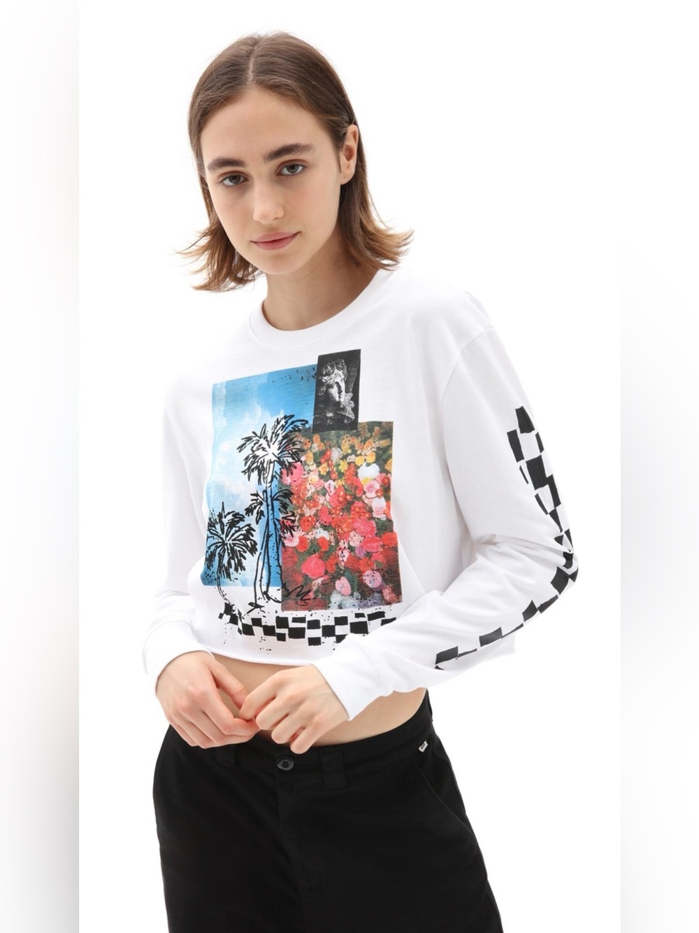 VANS Women’s Search Party L/S White Graphic  Cropped Tee  Size MEDIUM